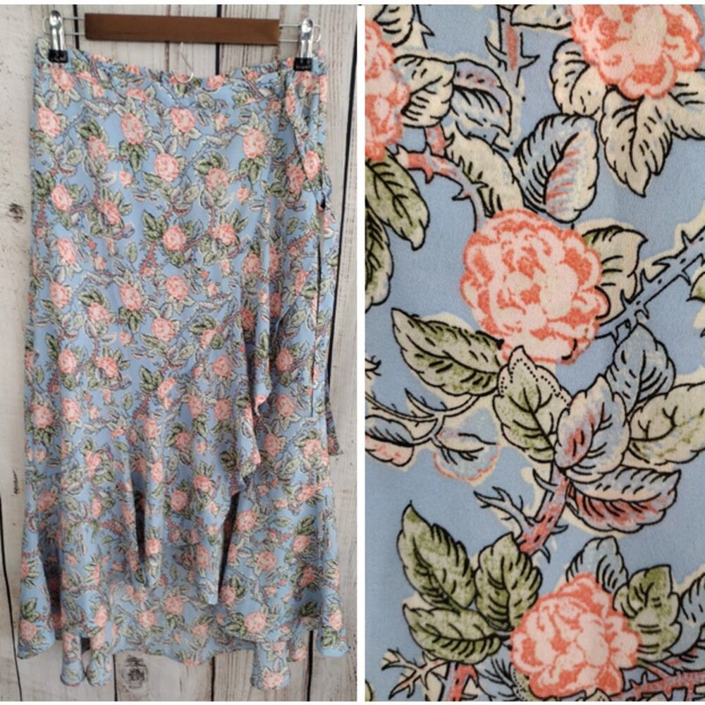 Max Studio NEW Blue & Pink Floral Ruffle Accent Faux Wrap Midi Skirt Women Small